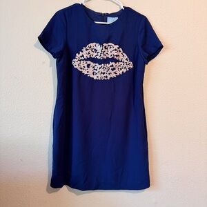 Navy Blue Mini Dress with Embroidered Lips Detail CeCe by Cynthia Steffe, Size 4